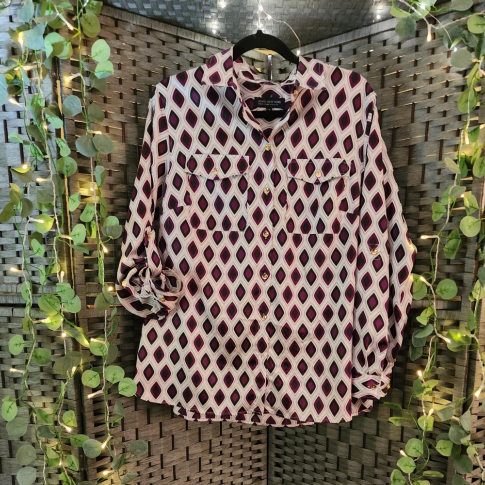 Jones New York 1x blouse champagne, taupe, and purple.